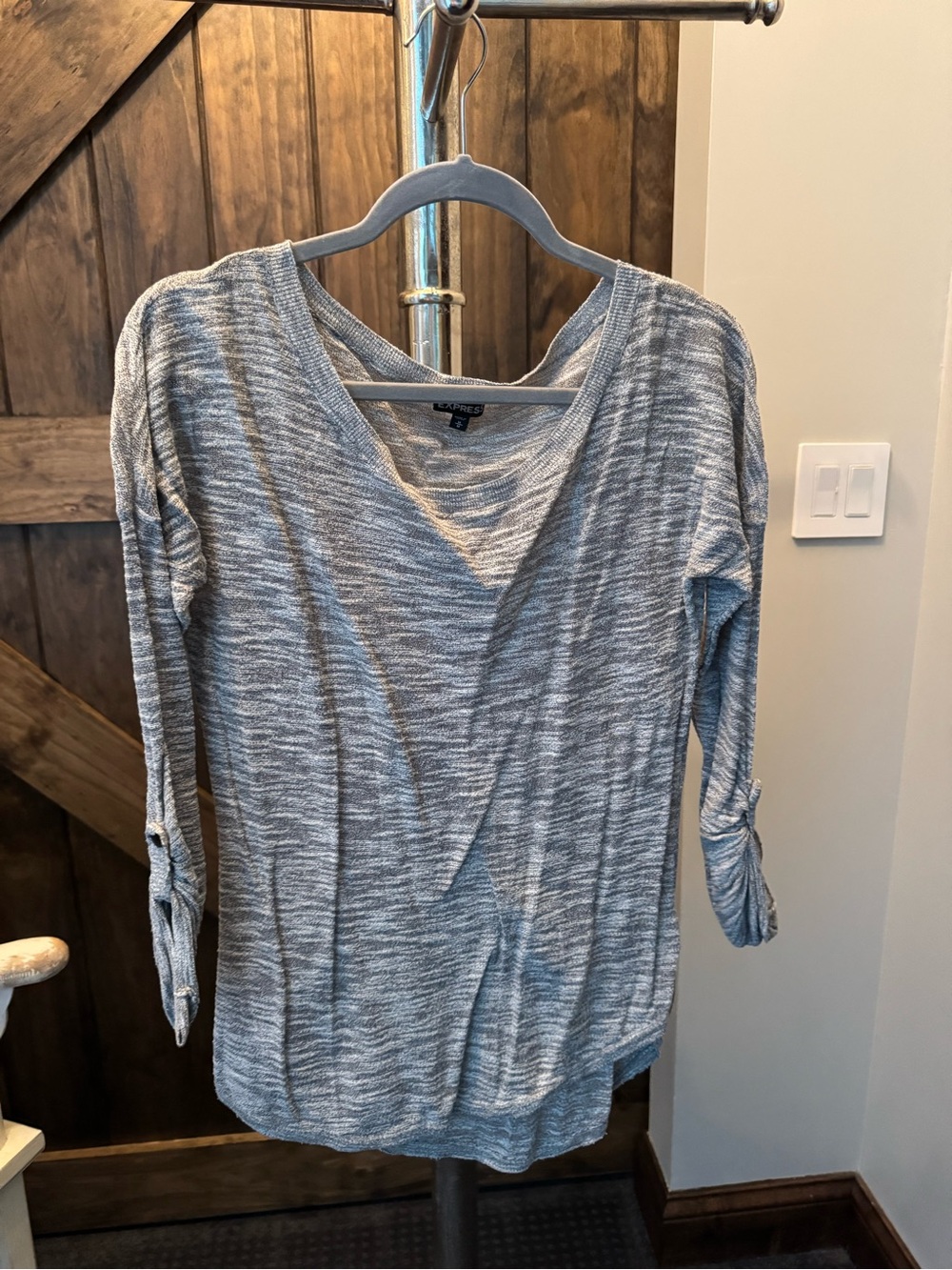 Express Gray Marled Boat Neck Roll-Tab Long Sleeve Top